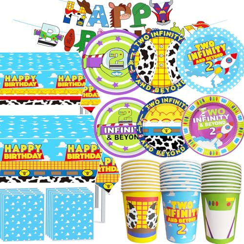 2 Infinity & inspired Beyond Birthday Decorations 133pcs Cartoon Story Birthday Party Supplies include Plates Napkins Cups Tablecloth and Banner for Boys Girls 2nd Bday Decor Serve 30