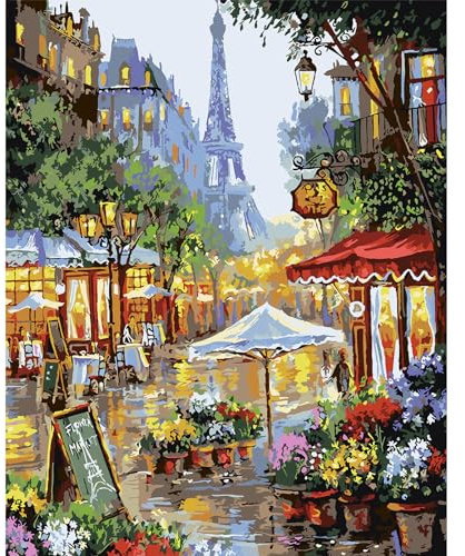 DAERLE Peinture par Numéros pour Adulte Rue des fleurs, Kits de Peinture au Numéro Centre-ville Paysage Avec Pinceaux Peinture de Dessin de Pigment Acrylique, Vloisirs Créatifs Adultes 30x40cm