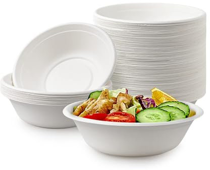 Hniuyun 50 Pack Disposable Compostable Bowls - Heavy-Duty, Eco-Friendly Biodegradable Sugarcane Bowls for Soup, Salad, Milk, Dessert, Pasta (850ML-White)