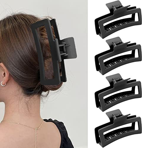 REYIN-CHHN Lot de 4 pinces à cheveux extra larges noires de 12,7 cm pour cheveux épais et longs - Taille XL - Grandes pinces à cheveux rectangulaires antidérapantes pour femme