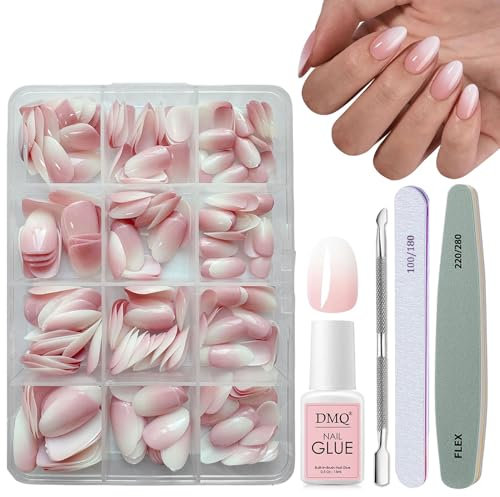 DMQ Almond Press on Nails Kit, 240Pcs French Ombre False Nails, Pink Gradient With Glue, 12 Sizes Oval Glossy Full Cover Stick on for Women Girls Art