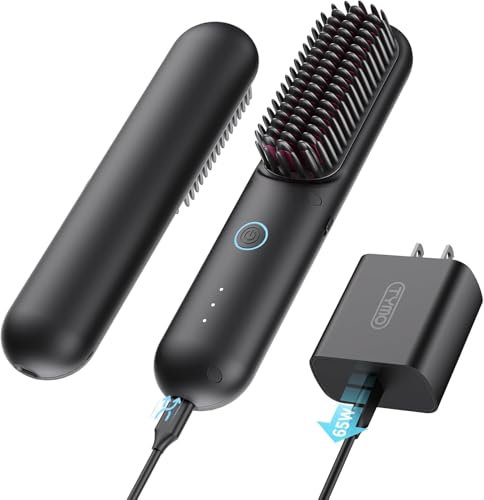 TYMO Porta Pro Cordless Hair Straightener Brush - Portable Straightening Brush for Travel, Mini Ionic Hot Comb Straightener for Women, Lightweight on-The-go, Cordless & Fast Charger Dual Power, Black