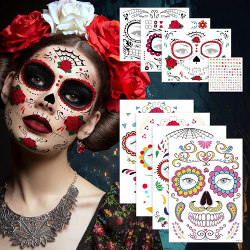 Halloween Tattoo Gesicht,Gesichtstattoo Temporäre Tattoos Gesichtstätowierung Mit Skelett Totenkopf Floral,Glitzersteine Aufkleber für Karneval,Maskerade,Halloween Tag der Toten Kostüm Damen