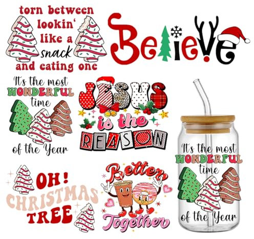 HyzaPhix Weihnachtliche Aufkleber Sticker, UV Dtf Transfer Aufkleber, Rub on Sticker Weihnachten Aufkleber für Becher, 16 Oz Glas, Cocktail Gläser, Glasbecher (6pcs)