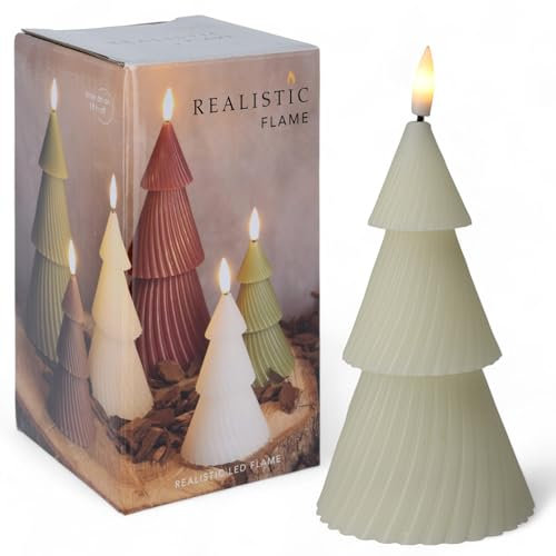 MIJOMA LED-Echtwachskerze mit realistischer Flamme, Timer und batteriebetrieb | Indoor LED-Kerze mit warmweißem Licht | Natürliche Optik (Creme - Tannenbaum, Ø8.5cm x 15cm)