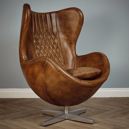 Elm home and garden Genuine Real Leather Reading Egg Swivel Arm Chair Wing High Back Tan Brown Grey Aviator Tub (Brown)