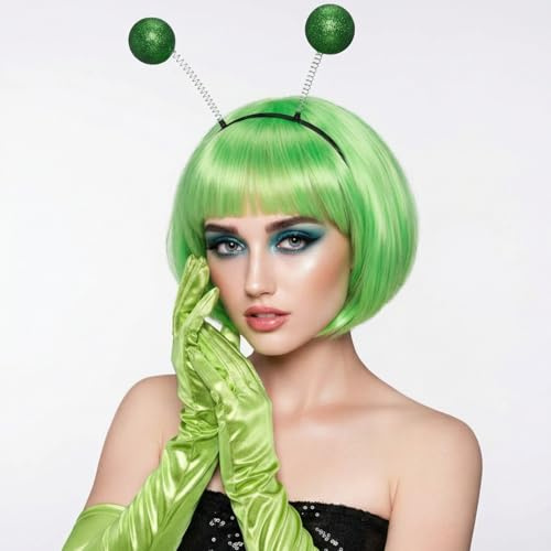 Zomiboo Damen Alien Kostüm Set Metallic Glitzer Alien Stirnband Bob Perücke Damen Haarreif Handschuhe Karneval Space Kostüm Rave Outfit für Cosplay Fasching Halloween (Grün)