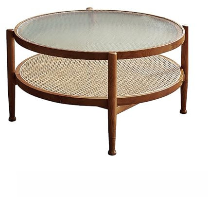 FSADYANG Mesa Redonda, Mesas De Centro Pequeñas, Mesa Auxiliar, Mesa De Centro Redonda De Cristal, Diseño De Ratán, Doble Capa, Fácil De Montar, Apta para Salones Y Espacios Reducidos(Walnut)
