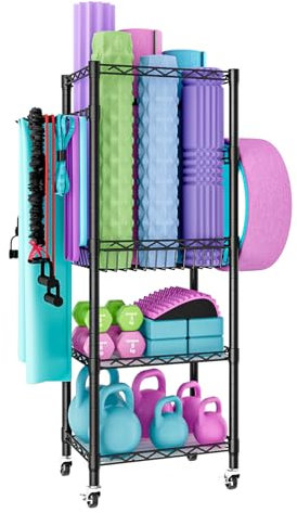 KZOBYD Dumbbell Rack with 3 Tier Shelf, Yoga Mat Storage with Hooks & Wheels, Metal Home Gym Workout Equipment Storage Organizer, Dumbbell Stand Weight Stand Kettlebell Rack Yoga Mat Holder