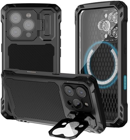 qichenlu Extrem Leicht Aluminium Outdoor Case kompatibel mit iPhone 16 Pro Max,mit Magnettechnik,Magnetische 360 Grad Hülle mit abgedecktem Kameraknopf Displayglas Kameraschutz Ständer,Schwarz