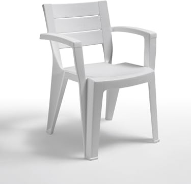 Tomaino - Set mit 4 Gartenstühlen aus Maya-Kunststoff - Stapelbare Kunststoffstühle mit Armlehnen und Rückenlehne mit Latten - Gartenstuhl für Outdoor, Terrasse oder Bar - Weiß