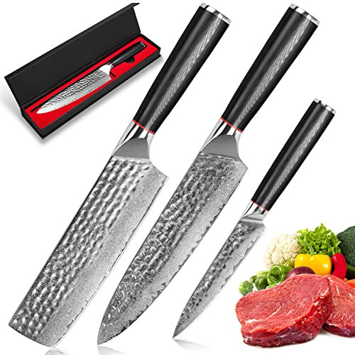 Knife Set, 3 PCS Damascus Kitchen Knife Set Made of 67-Layers of VG10 Damascus Steel, Chef Knifes Paring Knifes with Ergonomic Handle for Home Restaurant, Gift Box