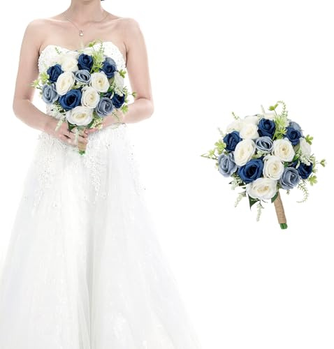 HOMENERGY Bridesmaid Bouquets for Wedding - 7 Inch Artificial Flower Bouquet for Party Ceremony Anniversary Dinning Table Centerpieces Decor -Navy Blue & Dusty Blue & White