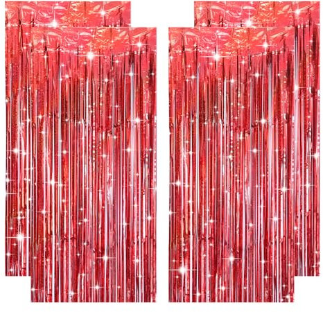 4 Stück Lametta Vorhang Rot, Glitzervorhang Lametta Luftschlangen Rot Deko für Weihnachten Valentinstag Hochzeit Casino Feuerwehr Geburtstag Zirkus Heiratsantrag Rubinhochzeit Oktoberfest(1m x 2m)