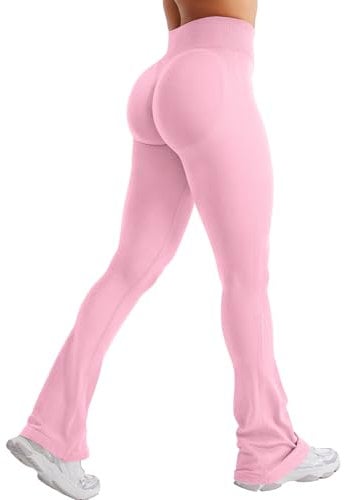 ZAAYO Flared Invisible Scrunch Leggings Damen Schlaghose Damen Push Up Hohe Taille Bootcut Gym Yoga Workout Sport Leggings Rosa S