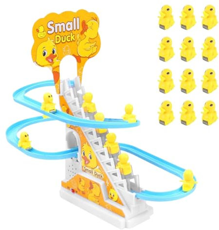 Duck Slide Toy 12 Stück Elektrische Ente Treppensteigen Spielzeug, Enten-Achterbahn mit blinkenden Lichtern und Musik EIN-/Ausschalter, Schiebetier Ente für Kinder