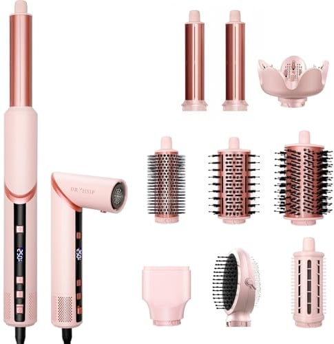 Dryhsip Warmluftbürste, 9 in 1 Hairstyler, Föhnbürste mit Ionen-Technologie, Airstyler mit Diffuser Haare Föhn Glätten,Lockenstab Automatisch, Haarglätter，Flex Temperaturen，Eurostecker