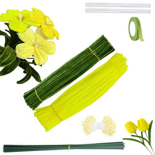 Barlone 200 Stück Lilie Pfeifenreiniger Blumen, DIY Pipe Cleaner, 2 Farben Pfeifenputzer Zum Basteln, mit 13 Stück Grün Basteldraht, Klebeband, Pfeifenreiniger Blumen Staubblatt, Klebestifte(Gelb)