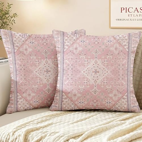 XPHZZL Pack of 2 Bohemian Style Linen Decorative Cushion Covers 65x65 cm Square Throw Pillow Covers 26x26 Inch Boho Style Pillowcases for Outdoor Home Decor Sofa Bedroom Car - Pink