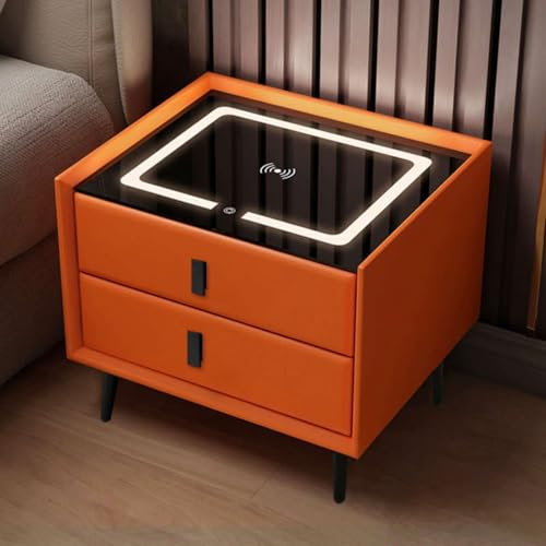 Table de chevet à 2 tiroirs, table d'appoint étroite avec plateau en verre trempé, éclairage tricolore, table d'appoint en bois pour canapé, station de charge, table de chevet moderne(D,45CM)