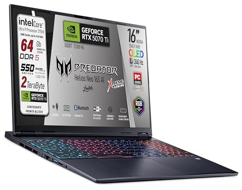 acer Predator Helios Neo 16s Ai, Notebook Gaming, Intel Ultra 9-275X, 24core, RAM DDR5 64Gb, SSD 2Tb (2 x 1Tb), Display 16 Oled 240Hz, DCI-P3 al 100%, Geforce RTX 5070Ti 12Gb, Win 11, Preconfigurato
