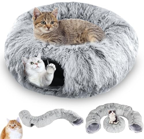 Katzentunnel, XXL Katzentunnel Große Katzen mit Schlafplatz & Bed Weiches, mit Zwei Eingängen Katzenhöhle & Hängende Bälle, Katzen Donut Cat Tunnel für Katze, Grau