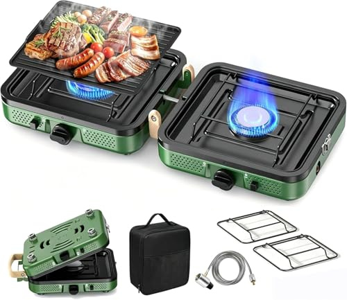 2 Burner Camping Stove,Portable Propane Camp Stove,Folding Gas Stove | 10000 BTU Camp Stove,Grill Plate Excluded,includes 1*gas pipe, 2*grates, and 1*carrying bag,