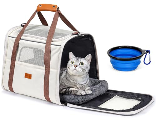 Morpilot Cat Carrier - Airline Approved, Top Opening Portable Dog Bag with Breathable Mesh/Removable Mat, Adjustable Shoulder Strap & Bowl, Foldable Travel Cage, M, Beige (Max 7kg)