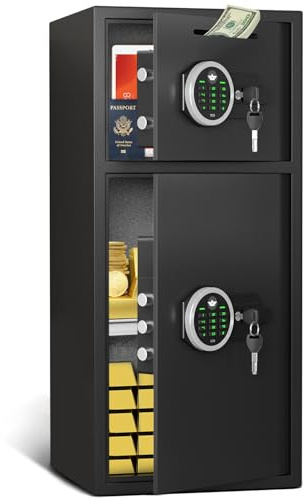 kavey 92L Safe Tresor, Möbeltresore mit Verstellbares Regal, Großer Tresor mit Einwurfschlitz, Doppeltür-Safe mit Doppelalarm-System und Stumme Funktion für Dokumente Bargeld Schmuck Wertsachen