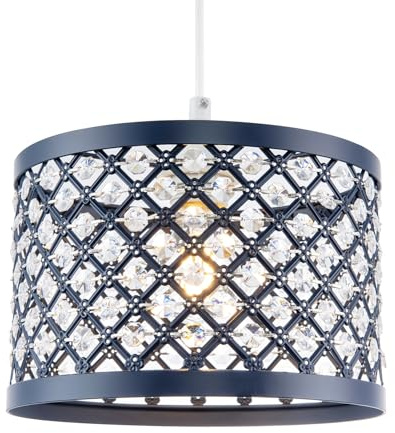 Modern Ornate Navy Midnight Blue Metal Pendant Light Shade with Clear Hexagonal Acrylic Beads | 25cm Diameter | Shabby Chic Style by Happy Homewares