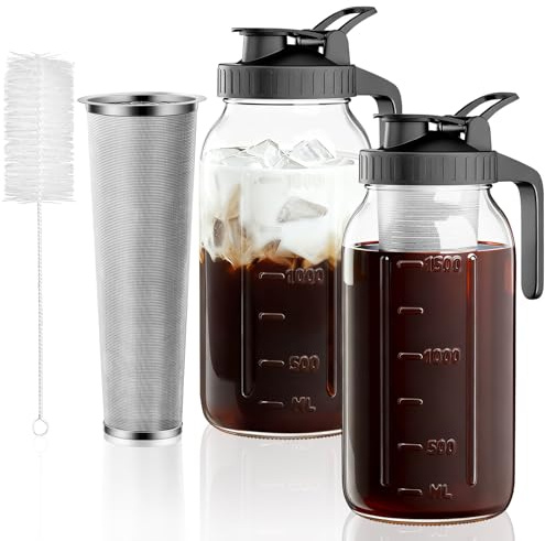 VA1KENE 2-Pack Cold Brew Coffee Maker - 64oz Mason Jar Pitcher with Stainless Steel Filter, Spout Lid for Iced Coffee, Tea, Lemonade & Fruit Drinks