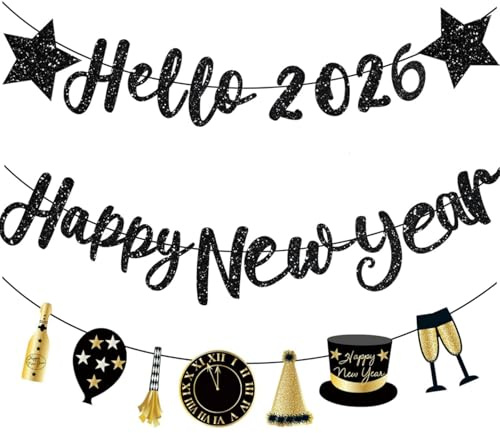 Silvester Banner,Silvester Deko 2027,Schwarzes Gold Banner Happy New Year Accessoires für Deko 2027