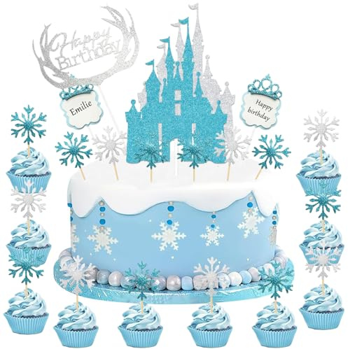 45-teiliges Set mit Schneeflocken-Prinzessinnen-Schloss-Geburtstagstorten-Dekorationen, Schneeflocken-Steckern, Geburtstagsfeier-Dekorationen, Mädchen-Geburtstagsfeier