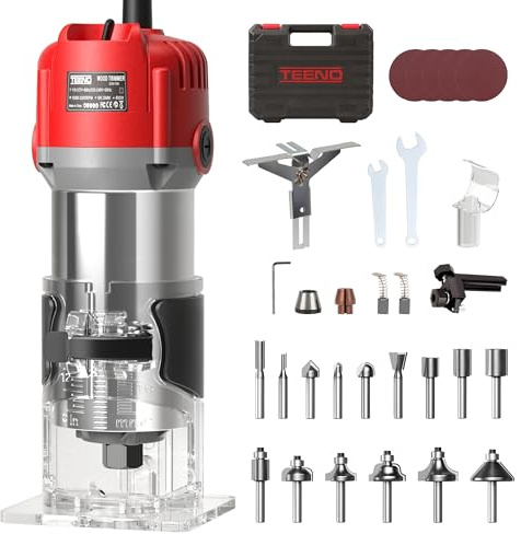 TEENO Wood Router, 6.5Amp 1.25HP Wood Routers for Woodworking, 800W Hand Wood Router Tool, 31000R/MIN Compact Edge Trimmer with 15 1/4 Router Bit Set