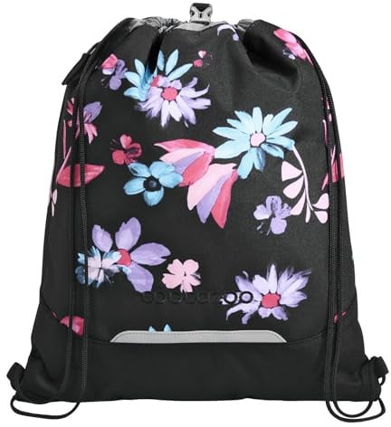 Coocazoo Turnbeutel „Floral Artnight”, schwarz - blau, mit Reißverschlussfach und Kordelzug, reflektierende Elemente, Schnalle zur Befestigung am Schulrucksack, 10 Liter, ab der 3. Klasse