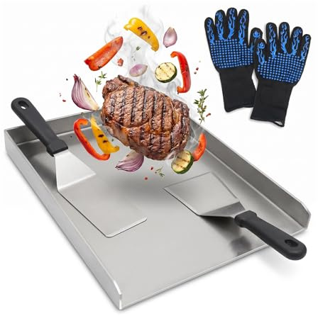 YedZen 40 x 30 cm, plancha de acero inoxidable, plancha de 2 mm de grosor, con 2 espátulas de parrilla y guantes de protección de alta temperatura, juego de plancha para barbacoa de gas y carbón