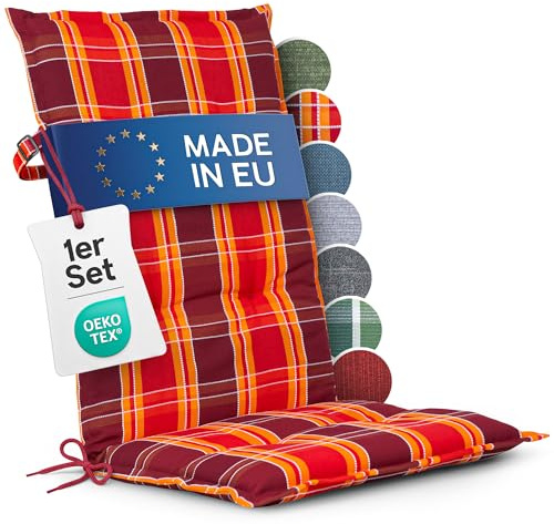 Homeoutfit24 Hochlehner Auflagen, Made in EU, 1er Set, Rot-Kariert | 120x50 cm, Gartenstuhlauflagen Sitzauflagen, Oeko-Tex zertifiziert, Hochlehner Polster