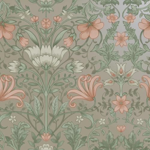 World of Wallpaper Emiliana Vintage Floral Wallpaper, Champagne (91472) | Wallcovering for Living room, dining room and hallway, pink and green sprig motif, hand-painted painterly look, gold