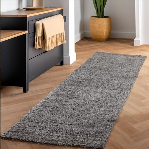SIMPEX Shaggy Hochflor Teppich, 80x250 cm, Grau, weich, flauschig, modern, einfarbig, Für schmale Räume oder Küche, für Wohnzimmer Schlafzimmer Flur