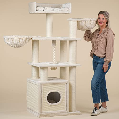 RHRQuality Kratzbaum für große Katzen – Cat Relax Plus – Mit Kratztonne – Extra Dicke Sisalstämme (Ø 12 cm) – Crème