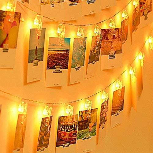 NASHARIA Catena Luminosa 30 LED Clip per Foto per Decorazione Stanza, Catena Luminosa Foto con Mollettine, 3,2M Bianco Caldo, a Batteria, Interno & Esterno per Soggiorno, Natale, Matrimoni