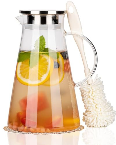 CNNIK Carafee Eau Verre 2 Liter Pichet eau Bouteille Verre Borosilicate Carafe d'eau Glouglou avec Acier Inoxydable Couvercle pour jus boissons thé glacé chaudes et froides Lait