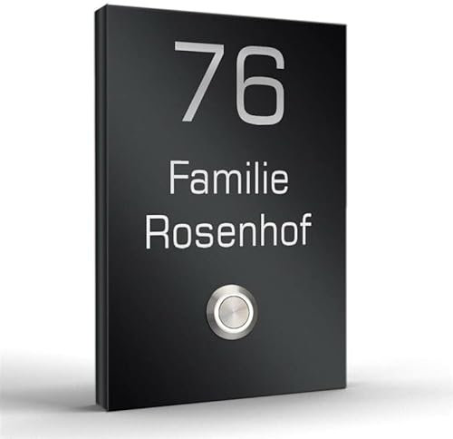 Aufputz Türklingel aus hochwertigem Edelstahl individuell konfigurieren mit LED Taster - personaliesierte Klingel 110x160mm - edel und elegant (Schwarz)