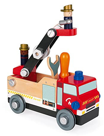 Janod - Brico'Kids Feuerwehrauto aus Holz zum Zusammenbauen - Bausatz mit 45 Teilen + 2 Feuerwehrmänner - Einfache Konstruktion - FSC-Zertifiziert - Kinder Holzspielzeug - Ab 3 Jahren, J06469