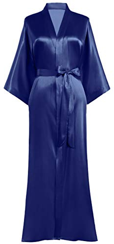 PRODESIGN Kimono Robe de Chambre Longue en Satin pour femme Peignoir Femme Satin Couleur Unie - Taille Unique (Bleu foncé)