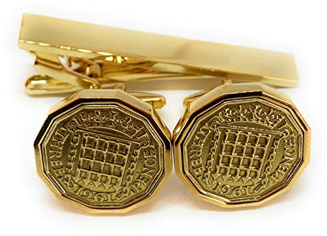 OCC Old Coin Cufflinks Premium Manschettenknöpfe für den 63. Geburtstag zum Goldenen Hochzeitstag 1961 mit DREI Pence, Set aus Manschettenknöpfen und vergoldeter Krawattenklammer