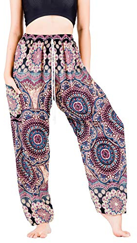 Lofbaz Yoga Boho Hose für Frauen Mädchen mit Tasche Harem Pyjama Kleidung Lounge Umstandsmode Hippie Sommer Strand Blühende Blume Schwarz M