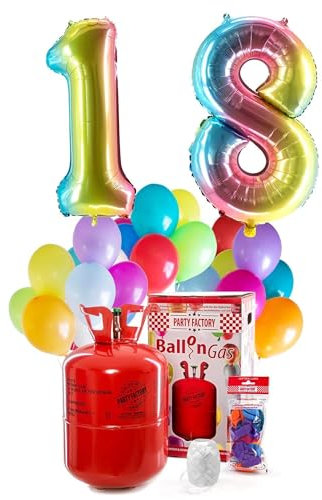 PARTY FACTORY Helium Geburtstags-Komplettset 18 - mit XXL Zahlenballons, 0,4m³ Ballongas, Ballonschnur & 30 bunten Latexballons - für Geburtstag, Jubiläum, Jahrestag in versch. Farben (Regenbogen)