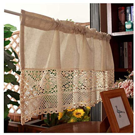 Siunwdiy Scheibengardinen küche Häkeln Vintage Beige Bistrogardinen Landhausstil Spitze Cafe Vorhang Baumwolle Leinen Kurzstore Gardine / 1 Stück,W100cm×H45cm