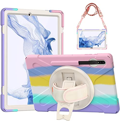 Gerutek Funda Anticaída para Samsung Galaxy Tab S9 FE+ Plus 2023/S9+ Plus/S8 Plus 2022/S7 Plus/S7 FE (12.4), Carcasa Rugosa con Soporte Giratorio, Correa de Mano/Hombro, Portalápices, Colorido Rosa